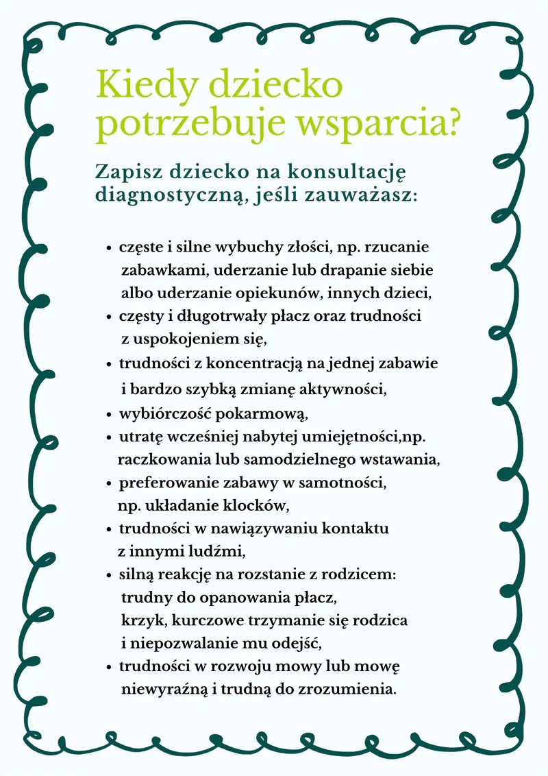 Grafika „Kiedy dziecko potrzebuje wsparcia?” – lista sygnałów, przy których warto zapisać dziecko na konsultację diagnostyczną: częste wybuchy złości, długotrwały płacz, trudności z koncentracją, wybiórczość pokarmowa, utrata nabytych umiejętności, zabawa w samotności, trudności w kontakcie z ludźmi, silna reakcja na rozstanie z rodzicem, trudności w rozwoju mowy.