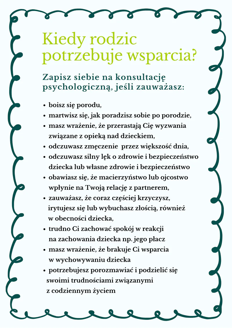 Grafika „Kiedy rodzic potrzebuje wsparcia?” – lista sytuacji, w których warto zapisać się na konsultację psychologiczną: lęk przed porodem i obawy o czas po porodzie, poczucie, że przerastają Cię wyzwania, zmęczenie, silny lęk o zdrowie dziecka lub własne, obawy o relację z partnerem, wybuchy złości, trudność z zachowaniem spokoju, brak wsparcia, potrzeba rozmowy.